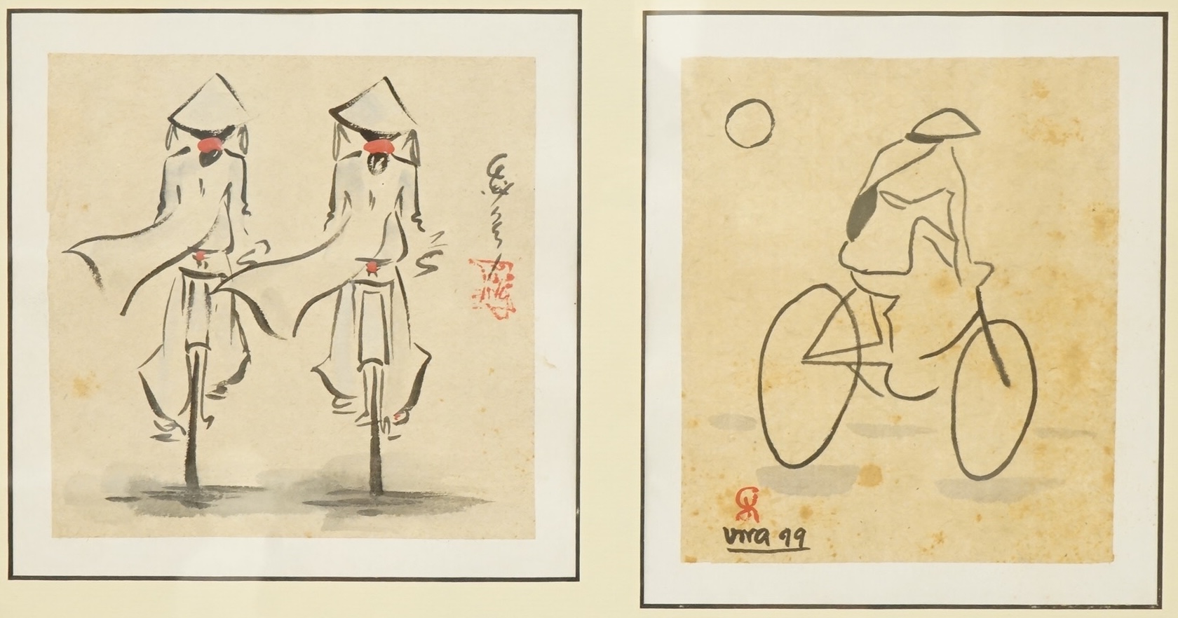 Vietnamese School, 20th century, Two studies of school girls on bicycles, each with calligraphy and red seal marks, framed together, 16 x 14cm